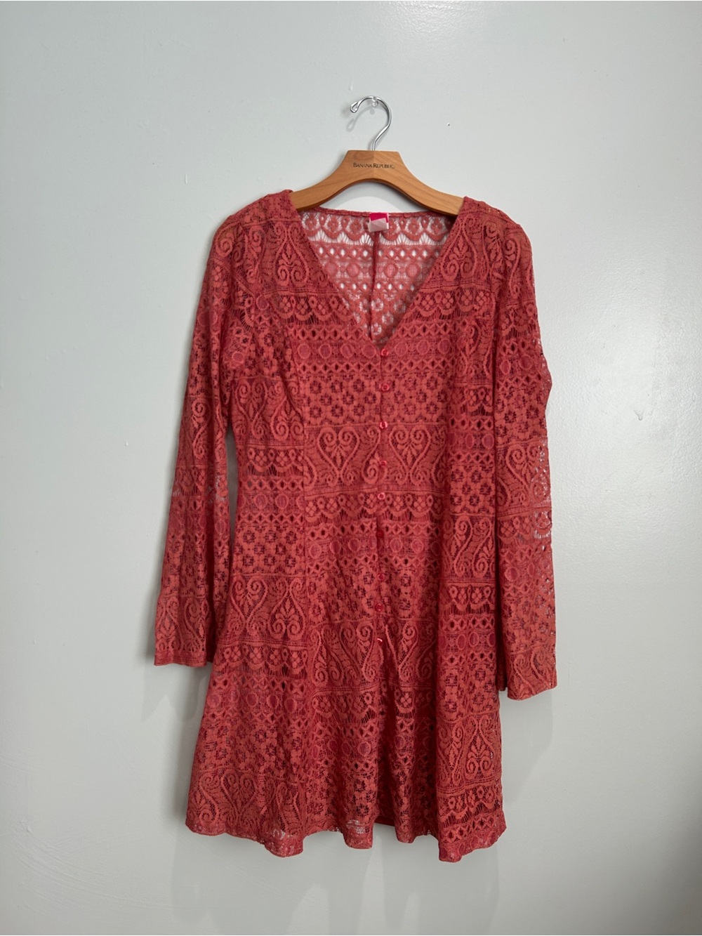 Divinas Coral Lace Long-Sleeve Fit-and-Flare Dress